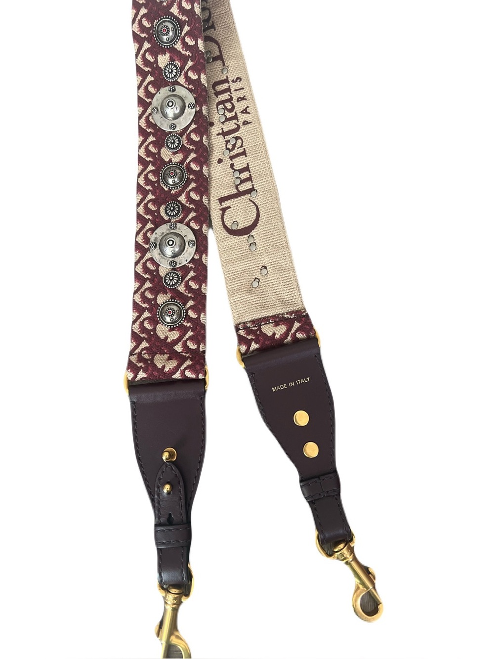 Dior Burgundy and Cream Decorative Logo Canvas Bag Strap with Gold Hardware
